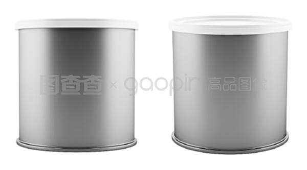白色背景上分离的白色塑料盖子的空白金属锡罐。3D插图